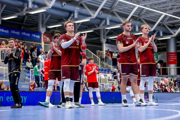September 23, 2026, 2nd Round of the DHB Cup, TuSEM Essen 1 vs. VfL Potsdam Disappointed faces after Essen’s loss to Potsdam Lukas Diedrich TUSEM Essen 16 Felix Göttler TUSEM Essen 04 Max Neuhaus TUSEM Essen 37 Finn Knaack TUSEM Essen 12 Alexander Schoss TUSEM Essen 91 Finley Werschkull TUSEM Essen 73 disappointed Disappointment NRW Germany
