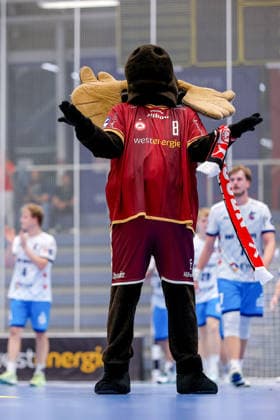 September 23, 2026, Round 2 of the DHB Cup, TuSEM Essen 1, VfL Potsdam. Disappointed faces after Essen s loss to Potsdam. Mascot Elmar the Moose is disappointed. Disappointment in North Rhine-Westphalia, Germany