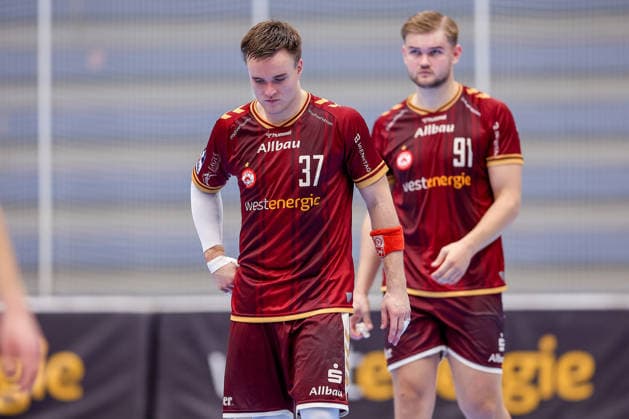 September 23, 2026, 2nd Round of the DHB Cup, TuSEM Essen 1, VfL Potsdam. Disappointed faces after Essen’s loss to Potsdam. Max Neuhaus (TuSEM Essen 37) next to Alexander Schoss (TuSEM Essen 91), looking disappointed. Disappointment in North Rhine-Westphalia, Germany