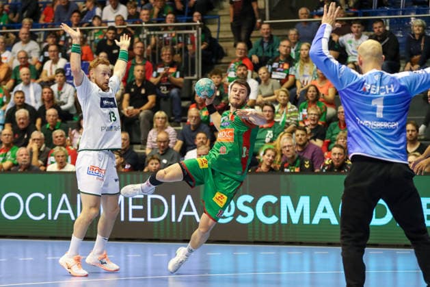 September 23, 2026, xgox, Handball DHB Cup, 2nd Round: SC Magdeburg vs. HSG Wetzlar emspor; from left: Elvar Oern Jonsson (Magdeburg); 19 shots on goal; goal scorers; scores a goal; Magdeburg