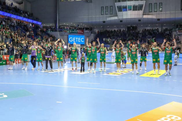 September 23, 2026, xgox, Handball DHB Cup, 2nd Round: SC Magdeburg vs. HSG Wetzlar, emspor; from left: Magdeburg celebrating the victory, Magdeburg celebrating after the game