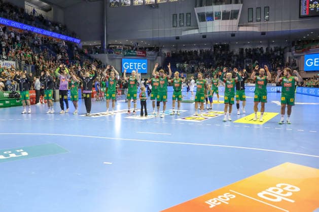 September 23, 2026, xgox, Handball DHB Cup, 2nd Round: SC Magdeburg vs. HSG Wetzlar, emspor; from left: Magdeburg celebrating the victory, Magdeburg celebrating after the game