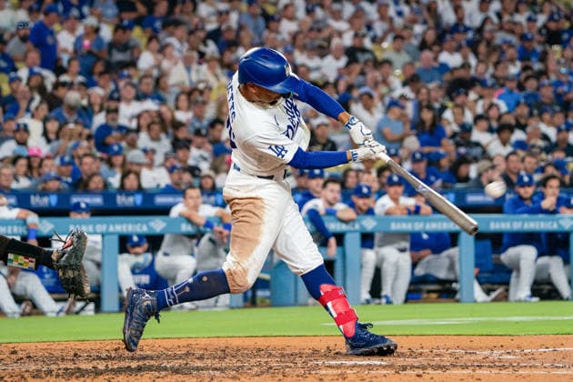September 24, 2026, Los Angeles, California, USA: Mookie Betts 50 of the Los Angeles Dodgers doubles during a regular-season MLB, Baseball Herren, USA game against the San Diego Padres on Thursday September 24, 2026 at Dodger Stadium in Los Angeles, California.Dodgers defeat Padres, 7-0. ENRIQUE GURROLA BNS PI Dodgers Defeat Padres, 7-0  - ZUMAp124 20260924_zaa_p124_022 Copyright: xEnriquexGurrolax