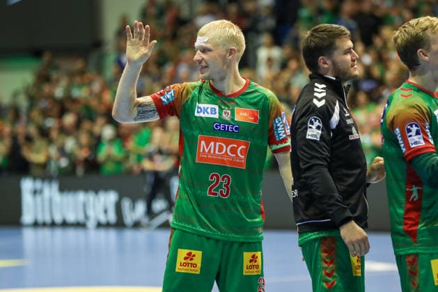 September 23, 2026, xgox, Handball DHB Cup, 2nd Round: SC Magdeburg vs. HSG Wetzlar emspor, from left: Magnus Saugstrup (Magdeburg), 23: Celebrating the victory, Celebrations after the game (Magdeburg)