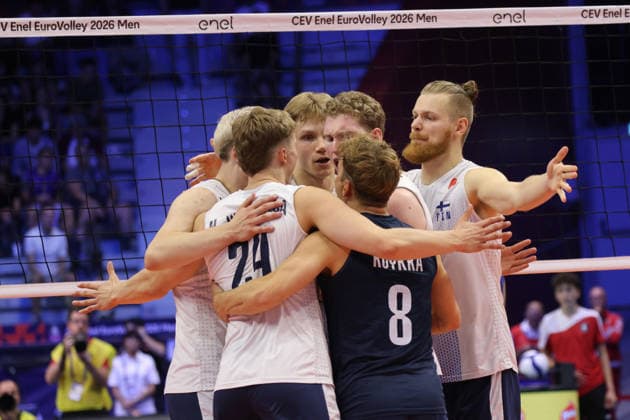 IPA88885638 - Team Finland celebrates during the CEV Eurovolley 2026 quarterfinal between Italy and Finland, a CEV Eurovolley Men s match in Turin, Italy, on September 23, 2026  Copyright: xClaudioxBenedetto IPAxSportx xx IPA88885638