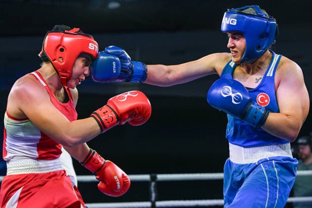 2026 European Boxing Elite Championships In Sofia SOFIA, BULGARIA - SEPTEMBER 23: Busenaz Surmeneli (Blue) of Turkey in action against Nadezhda Golubeva (Red) of Russia during their Elite Women s 70kg Semifinal match on Day 7 of the 2026 European Boxing Elite Championships at the Asics Arena Sports Hall in Sofia, Bulgaria, on September 23, 2026. Sofia Bulgaria  Copyright: xArturxWidakx originalFilename:widak-2026euro260923_npZZU.jpg