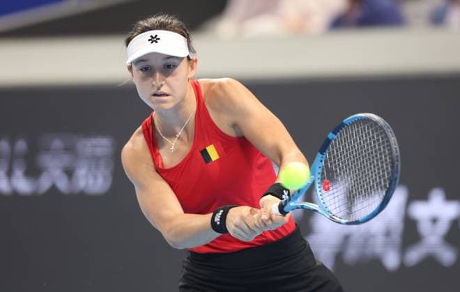 Belgian Jana Otzipka pictured during a tennis match between Ukrainian Kalinina and Belgian Otzipka, the first rubber in the tie between Belgium and Ukraine in the Quarter Finals of the Billie King Cup tournament, on Thursday 24 September 2026 in Shenzhen, China. VIRGINIExLEFOUR  x187638216x
