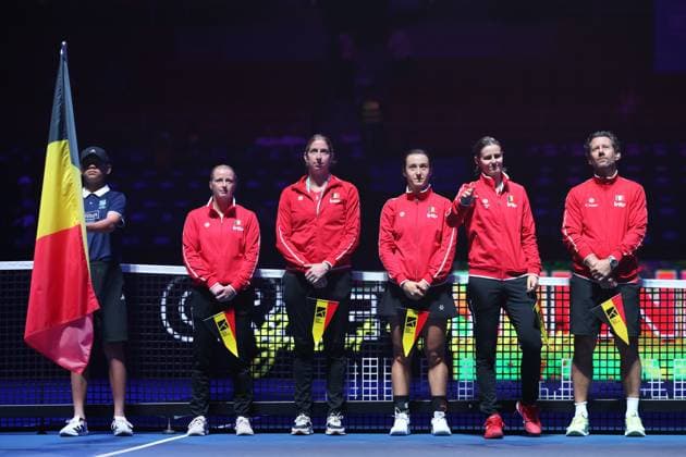 Belgian Lara Salden; Belgian Magali Kempen; Begian Jana Otzipka; Belgian Greet Minnen and Belgian team captain Wim Fissette pictured before a tennis match between Ukrainian Kalinina and Belgian Otzipka, the first rubber in the tie between Belgium and Ukraine in the Quarter Finals of the Billie King Cup tournament, on Thursday 24 September 2026 in Shenzhen, China. VIRGINIExLEFOUR  x187638067x