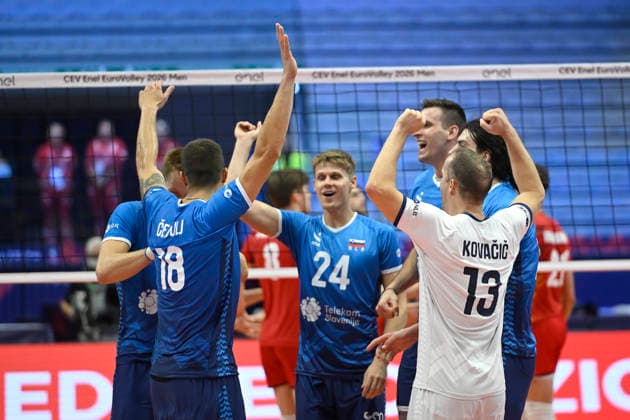 CEV Eurovolley Men 2026 Slovenia vs Belgium 3-1 Turin, Italy 23 September 2026 Palavela Turin CEV Eurovolley Men 2026 Round of 16 Slovenia Team celebrate victory during CEV Eurovolley Men 2026 match between Slovenia-Belgium- 3-1 in Turin at Palavela Turin Italy Italy Copyright: TonelloxAbozzi