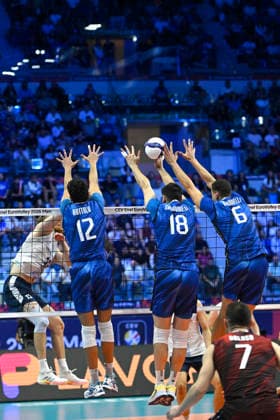 CEV Eurovolley Men 2026 - Italy vs Finland 2-3 Turin, Italy 23 September 2026 Palavela Turin CEV Eurovolley Men 2026 Round of 16 Bottolo Mattia 12 (ITA) Sanguinetti Giovanni 18 (ITA)Giannelli Simone 6 (ITA)...in action during CEV Eurovolley Men 2026 match between Italy-Finland- 2-3 in Turin at Palavela Turin Italy Italy Copyright: TonelloxAbozzi