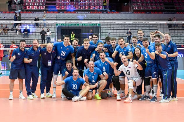 CEV Eurovolley Men 2026 Slovenia vs Belgium 3-1 Turin, Italy 23 September 2026 Palavela Turin CEV Eurovolley Men 2026 Round of 16 Slovenia Team celebrate victory during CEV Eurovolley Men 2026 match between Slovenia-Belgium- 3-1 in Turin at Palavela Turin Italy Italy Copyright: TonelloxAbozzi