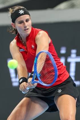 Belgian Greet Minnen pictured in action during a tennis match between Ukrainian Svitolina and Belgian Minnnen, the second rubber in the tie between Belgium and Ukraine in the Quarter Finals of the Billie King Cup tournament, on Thursday 24 September 2026 in Shenzhen, China. VIRGINIExLEFOUR  x187647175x