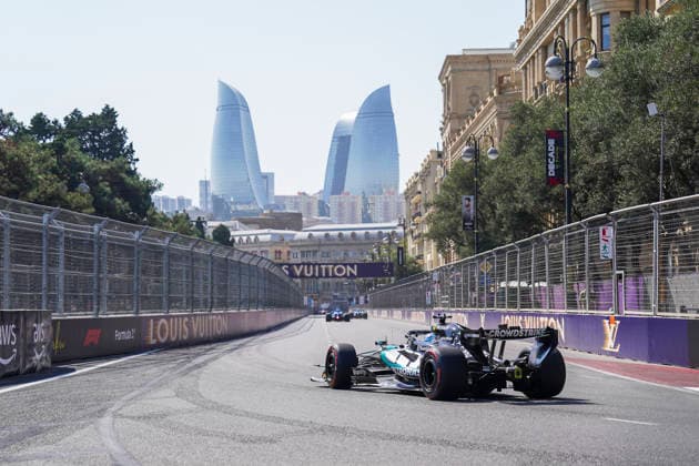 FORMULA 1 AZERBAIJAN GRAND PRIX 2026 George Russell (GBR) 63 Mercedes in practice during the Formula 1 Qatar Airways Azerbaijan Grand Prix 2026, Round 15 of the 2026 Formula 1 World Championship, WM, Weltmeisterschaft from 24th - 26th September 2026 at the Baku City Circuit, Baku, Azerbaijan. Credit: Robbie Hoad Every Second Media Editorial use only. All images are copyright Every Second Media Limited. No images may be reproduced without prior permission. Copyright: xIMAGO EveryxSecondxMediax ESM-2183-0141 RobbiexHoadx xEveryxSecondxMediax
