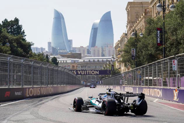 FORMULA 1 AZERBAIJAN GRAND PRIX 2026 George Russell (GBR) 63 Mercedes in practice during the Formula 1 Qatar Airways Azerbaijan Grand Prix 2026, Round 15 of the 2026 Formula 1 World Championship, WM, Weltmeisterschaft from 24th - 26th September 2026 at the Baku City Circuit, Baku, Azerbaijan. Credit: Robbie Hoad Every Second Media Editorial use only. All images are copyright Every Second Media Limited. No images may be reproduced without prior permission. Copyright: xIMAGO EveryxSecondxMediax ESM-2183-0150 RobbiexHoadx xEveryxSecondxMediax