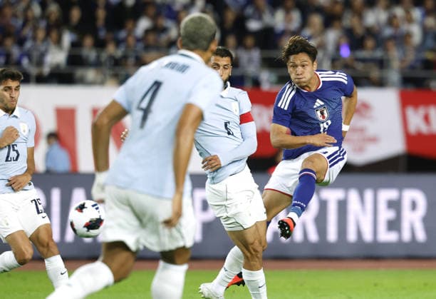 Football: Japan vs. Uruguay Japan s Kuryu Matsuki (far R) scores in the first half of an International Friendly, Länderspiel, Nationalmannschaft against Uruguay in Rifu in Miyagi Prefecture, northeastern Japan, on Sept. 24, 2026.  A14AA0005628554P