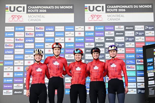 2026 UCI Road World Championships Picture by Simon Wilkinson SWpix.com - 24 09 2026 - Cycling - 2026 UCI Road World Championships - MontrÃ al, Canada - Women Under-23 Road Race - Canada - Ava Holmgren (Canada), Isabella Holmgren (Canada), Kiara Lylyk (Canada), Sidney Swierenga (Canada), Alexandra Volstad (Canada) MontrÃ al Avenue du Parc Canada Copyright: x xSWpix.comx(t axPhotographyxHubxLtd)xSimonxWilkinson SWpix.comx SWP-3521-2210