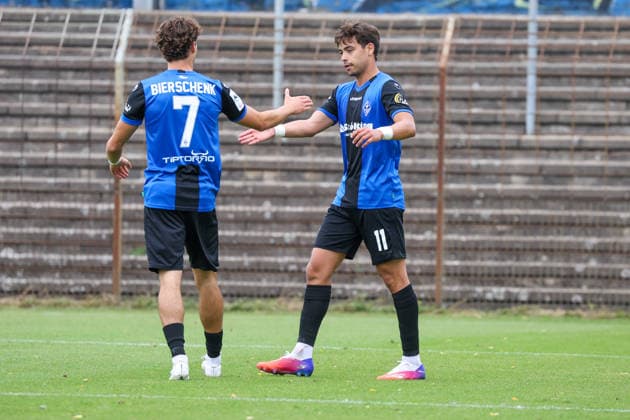Masca, SV Waldhof Mannheim, 11, scorer of the 1-1 and 2-1 goals, goal and goal celebration, gestures, joy, emotions, Lovis Bierschenk, SV Waldhof Mannheim, 7, soccer friendly match, SV Waldhof Mannheim vs. SV 07 Elversberg on September 24, 2026, at Seppl Herberger Stadium in Mannheim, Germany; Mannheim, Seppl Herberger Stadium, Germany Copyright: xFranzxReindelx