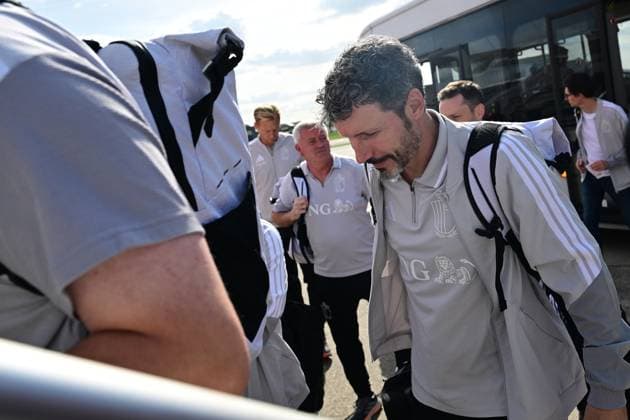 Belgium s head coach Mark van Bommel and his staff pictured at the departure of the Red Devils, the Belgian national soccer team, traveling from Brussels Airport in Zaventem towards Rome, Italy on Thursday 24 September 2026. The team is preparing for the opening game of the UEFA Nations League against Italy on Friday. DIRKxWAEM  x187682078x