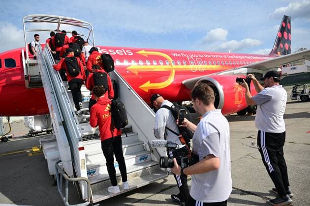 Belgium s players and staff pictured at the departure of the Red Devils, the Belgian national soccer team, traveling from Brussels Airport in Zaventem towards Rome, Italy on Thursday 24 September 2026. The team is preparing for the opening game of the UEFA Nations League against Italy on Friday. DIRKxWAEM  x187682494x