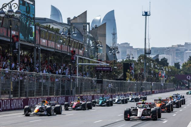 (260924) -- BAKU, Sept. 24, 2026 -- Racers position on the grid for launch during the practice session of the Formula One Azerbaijan Grand Prix at the Baku City Circuit in Baku, capital of Azerbaijan, Sept. 24, 2026. (Photo by Qian Jun Xinhua) (SP)AZERBAIJAN-BAKU-F1-GRAND PRIX 2026-PRACTICE ChenxJunfeng 