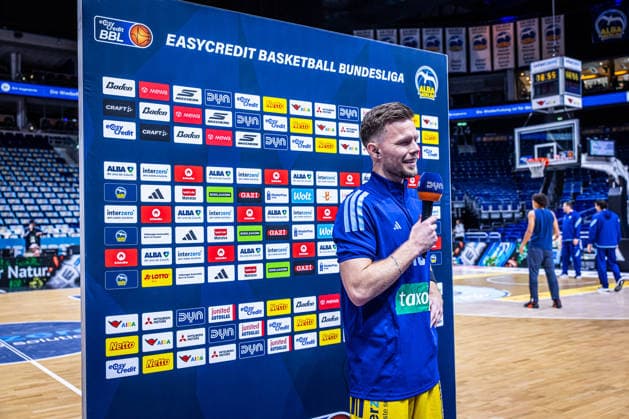 Basketball Berlin, September 24, 2026; 2026–2027 Season; EasyCredit BBL 1 Bundesliga Men s Division; Alba Berlin vs. Skyliners Frankfurt; Sponsor Board: Martin Hermannsson, Alba Berlin, No. 15