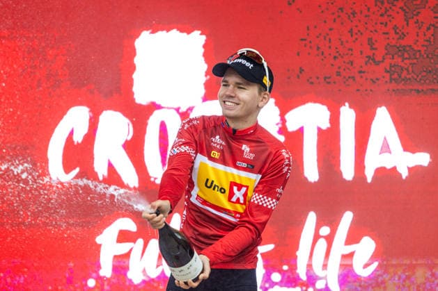 CRO Race 2026: Stage 3 Tobias Svarre of Team Uno-X Mobility celebrates at podium as Red Jersey winner during the 11th Cro Race 2026, Stage 3 a 174.5-kilometre route from Krk to Labin on September 24, 2026 in Labin, Croatia. The six-stage race runs from September 22 to 27 across Croatia.  SreckoxNiketic PIXSELL