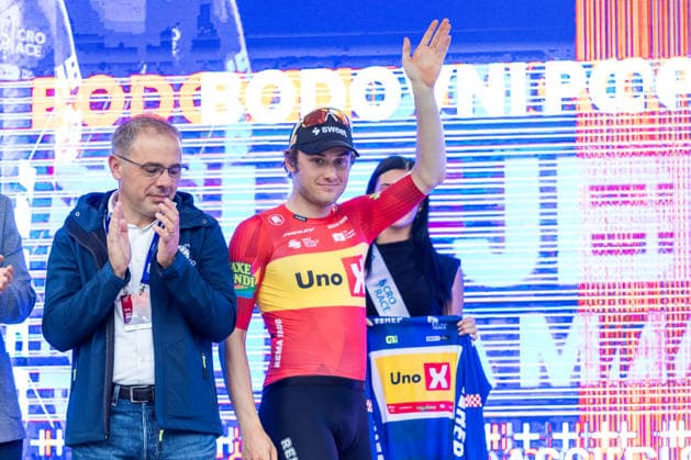 CRO Race 2026: Stage 3 Carl Frederik Bevort of Team Uno-X Mobility celebrates at podium as Blue Jersey winner during the 11th Cro Race 2026, Stage 3 a 174.5-kilometre route from Krk to Labin on September 24, 2026 in Labin, Croatia. The six-stage race runs from September 22 to 27 across Croatia.  SreckoxNiketic PIXSELL