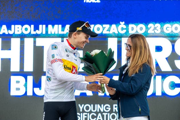 CRO Race 2026: Stage 3 Tobias Svarre of Team Uno-X Mobility celebrates at podium as White Jersey winner during the 11th Cro Race 2026, Stage 3 a 174.5-kilometre route from Krk to Labin on September 24, 2026 in Labin, Croatia. The six-stage race runs from September 22 to 27 across Croatia.  SreckoxNiketic PIXSELL