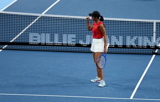 (260924) -- SHENZHEN, Sept. 24, 2026 -- Zhang Shuai of China celebrates a point against Elisabetta Cocciaretto of Italy during the quarterfinal match between China and Italy at the 2026 Billie Jean King Cup Finals in Shenzhen, south China s Guangdong Province, Sept. 24, 2026. ) (SP)CHINA-SHENZHEN-TENNIS-BILLIE JEAN KING CUP-CHINA VS ITALY (CN) MaoxSiqian 