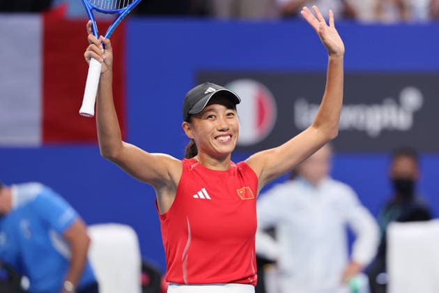 (260924) -- SHENZHEN, Sept. 24, 2026 -- Zhang Shuai of China celebrates after defeating Elisabetta Cocciaretto of Italy during the quarterfinal match between China and Italy at the 2026 Billie Jean King Cup Finals in Shenzhen, south China s Guangdong Province, Sept. 24, 2026. ) (SP)CHINA-SHENZHEN-TENNIS-BILLIE JEAN KING CUP-CHINA VS ITALY (CN) LiangxXu 