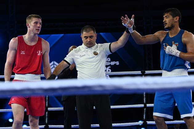RECORD DATE NOT STATED 2026 European Boxing Elite Championship Sofia SOFIA, BULGARIA SEPTEMBER 24: Callum Makin (Red) of England in action against Saidjamshid Jafarov (Blue) of Azerbaijan during their Elite Men s 75kg Semifinal match at the 2026 European Boxing Elite Championships at the Asics Arena Sports Hall in Sofia, Bulgaria, on September 24, 2026. Sofia Bulgaria  Copyright: xArturxWidakx originalFilename:widak-2026euro260924_npMZ9.jpg