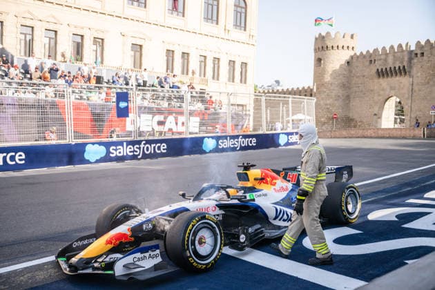 Formula 1 Azerbaijan Grand Prix - Second practice Session - Baku Racing Bulls driver Arvid Lindblad (41) crashes during the second practice session ahead of the Formula One Azerbaijan Grand Prix at the Baku City Circuit in Baku on September 24, 2026. Photo by Alexis Jumeau ABACAPRESS.COM Bakou  Copyright: xJumeauxAlexis ABACAx