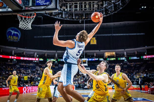 Basketball Berlin, September 24, 2026; 2026–2027 Season; EasyCredit BBL 1 Bundesliga Men s Division; Alba Berlin vs. Skyliners Frankfurt; Race Thompson (Frankfurt, No. 05); Jonas Mattisseck (Alba Berlin, No. 09)
