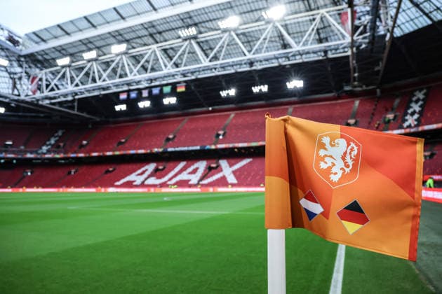 Sports, Soccer, UEFA Nations League 2026–2027 Season, Group A2, Matchday 1: Netherlands vs. Germany, September 24, 2026, Johan Cruijff ArenA The empty stadium in Amsterdam before the match, corner flag displaying the matchup: Amsterdam, Johan Cruijff ArenA, Netherlands