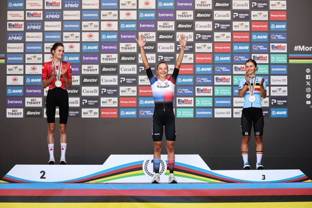 2026 UCI Road World Championships Picture by Alex Whitehead SWpix.com - 24 09 2026 - Cycling - 2026 UCI Road World Championships - MontrÃ al, Canada - Women Under-23 Road Race Podium - Viktoria ChladoÅˆova (Slovakia) Gold Medalist and World Champion, Isabella Holmgren (Canada) Silver Medalist and Fleur Moors (Belgium) Bronze Medalist MontrÃ al Avenue du Parc Canada Copyright: x xSWpix.comx(t axPhotographyxHubxLtd)xAlexxWhitehead SWpix.comx SWP-3521-2584