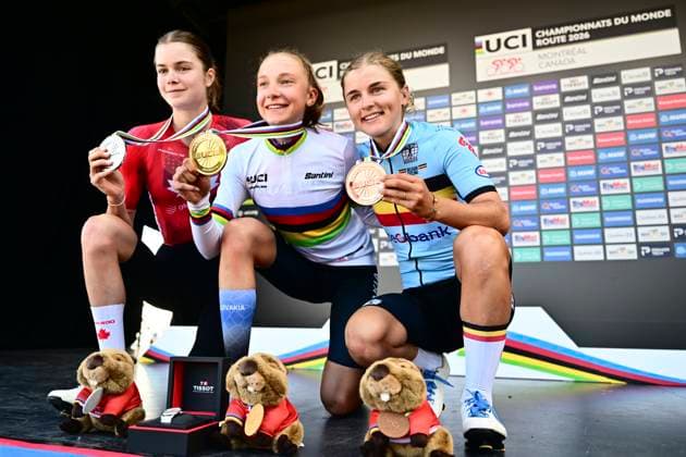 UCI 2026 Road World Championship, WM, Weltmeisterschaft Montreal 24 09 2026 MONTREAL, CANADA - SEPTEMBER 24 : silver medal Holmgren Isabella (CAN), gold medal Chladonova Viktoria (SVK), bronze medal Moors Fleur (BEL) pictured during the podium ceremony of the Women U23 cycling road race of the 2026 UCI Road World Championships 93th edition an UCI World Championships cycling race of 134 km with start in Montreal and finish in Montreal on September 24, 2026 in Montreal, Canada, 24 09 2026 Montreal Canada  Copyright: xPeterxDexVoechtx