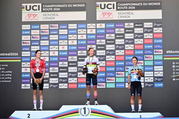 UCI 2026 Road World Championship, WM, Weltmeisterschaft Montreal 24 09 2026 MONTREAL, CANADA - SEPTEMBER 24 : silver medal Holmgren Isabella (CAN), gold medal Chladonova Viktoria (SVK), bronze medal Moors Fleur (BEL) pictured during the podium ceremony of the Women U23 cycling road race of the 2026 UCI Road World Championships 93th edition an UCI World Championships cycling race of 134 km with start in Montreal and finish in Montreal on September 24, 2026 in Montreal, Canada, 24 09 2026 Montreal Canada  Copyright: xPeterxDexVoechtx