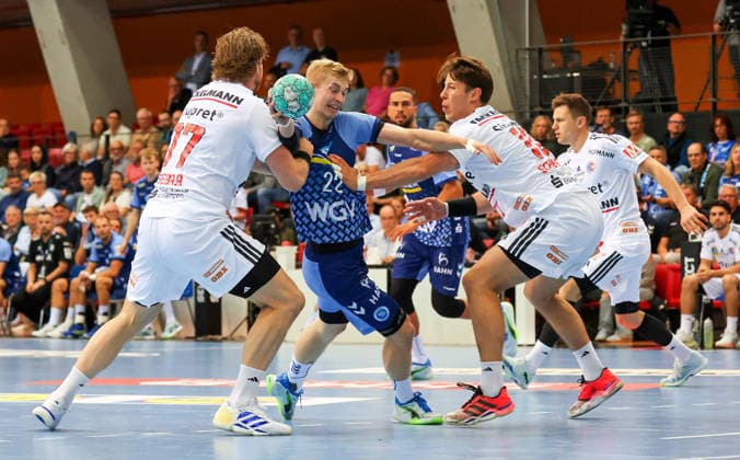 September 24, 2026, Germany, Stuttgart, DHB Cup 2026–2027 Season, TVB Stuttgart vs. HC Erlangen, from left: Maciej Gebala (HCE), Torben Matzken (TVB), Florian Scheerer (HCE)