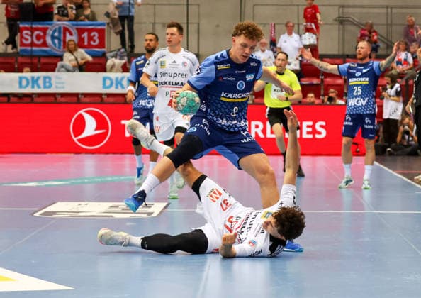 September 24, 2026, Germany, Stuttgart, DHB Cup 2026–2027 Season, TVB Stuttgart vs. HC Erlangen, from left: Max Heydecke (TVB), Lucca Bialowas (HCE)