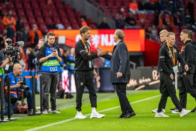 Soccer, Men s, 2026–27 Season, UEFA Nations League League A, Group 2, Matchday 1 in Amsterdam, Netherlands vs. Germany; from left: Coach Jürgen Klopp (Germany), 1st Vice President Hans Joachim Watzke (German Football Association), Chris Führich (Germany) before the game, September 24, 2026, Copyright: xMatthiasxKochx