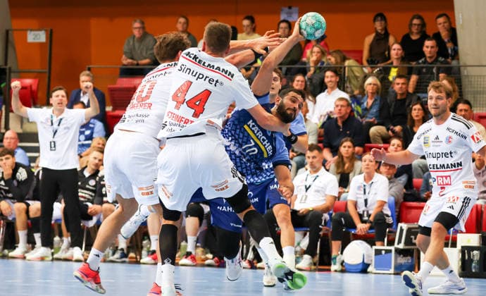 September 24, 2026, Germany, Stuttgart, DHB Cup 2026–2027 Season, TVB Stuttgart vs. HC Erlangen, from left: Florian Scheerer (HCE), Christoph Steinert (HCE), Diaro Sanz De Nicolas (TVB)