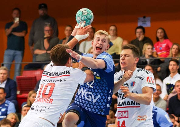 September 24, 2026, Germany, Stuttgart, DHB Cup 2026–2027 Season, TVB Stuttgart vs. HC Erlangen; from left: Florian Scheerer (HCE), Torben Matzken (TVB), Christoph Steinert (HCE)