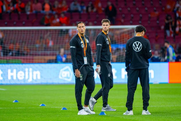 Soccer, Men s, 2026–27 Season, UEFA Nations League League A, Group 2, Matchday 1 in Amsterdam, Netherlands vs. Germany; from left: Younes Ebnoutalib (Germany), Anton Stach (Germany), Nathaniel Brown (Germany) before the game, September 24, 2026, Copyright: xMatthiasxKochx
