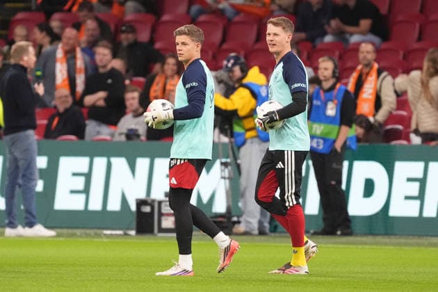 Goalie Finn Dahmen (Germany) and Goalie Alexander Nübel (Germany) take the field in Amsterdam on September 24, 2026, for the Netherlands vs. Germany match, Nations League Matchday 1, at the Johann Cruijff Arena