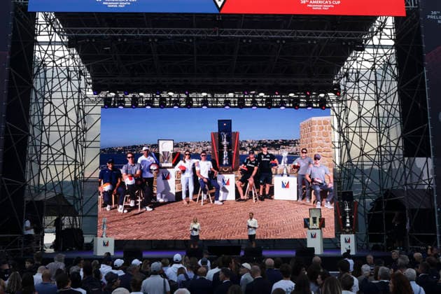 THE LOUIS VUITTON 38TH AMERICA™S CUP PRELIMINARY REGATTA, NAPLES the presentation team on stage on the seafront on 24 September 2026. ABP11620 Copyright: xAntonioxBalascox