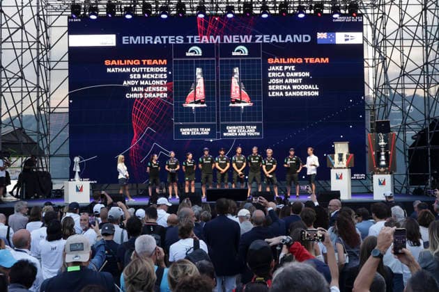 THE LOUIS VUITTON 38TH AMERICA™S CUP PRELIMINARY REGATTA, NAPLES Emirates Team New Zealand during the presentation team on stage on the seafront on 24 September 2026. ABP11665 Copyright: xAntonioxBalascox