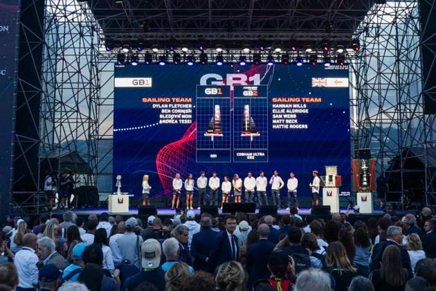 THE LOUIS VUITTON 38TH AMERICA™S CUP PRELIMINARY REGATTA, NAPLES GB1 and GB2 Teams during the presentation team on stage on the seafront on 24 September 2026. ABP11715 Copyright: xAntonioxBalascox