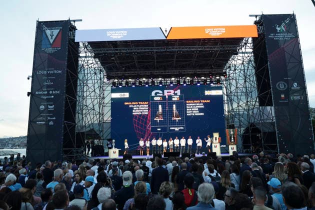 THE LOUIS VUITTON 38TH AMERICA™S CUP PRELIMINARY REGATTA, NAPLES GB1 and GB2 Teams during the presentation team on stage on the seafront on 24 September 2026. ABP11753 Copyright: xAntonioxBalascox