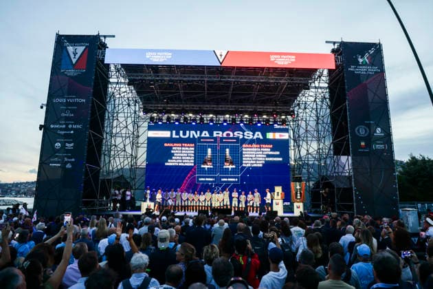 THE LOUIS VUITTON 38TH AMERICA™S CUP PRELIMINARY REGATTA, NAPLES Luna Rossa Teams during the presentation team on stage on the seafront on 24 September 2026. ABP11896 Copyright: xAntonioxBalascox