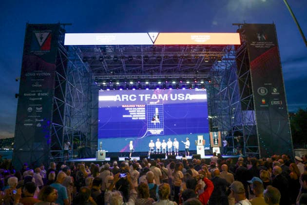 THE LOUIS VUITTON 38TH AMERICA™S CUP PRELIMINARY REGATTA, NAPLES ARC Team Usa during the presentation team on stage on the seafront on 24 September 2026. ABP12031 Copyright: xAntonioxBalascox